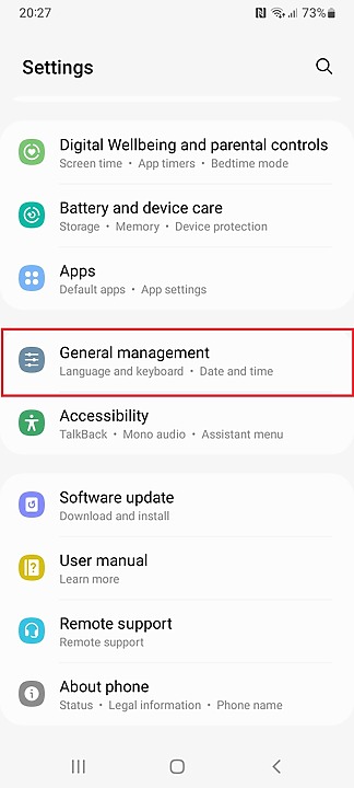 Samsung One UI 7 settings screen showing General management highlighted with a red box.