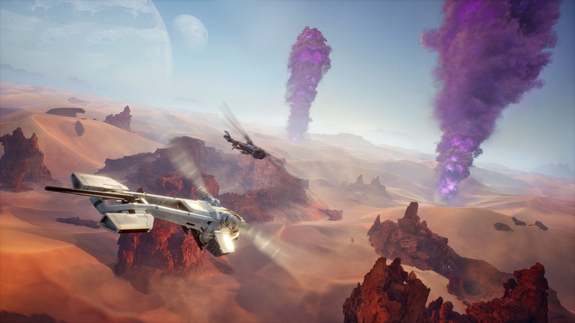 2 scout ornithopters flying towards spice in the deep desert in Dune: Awakening