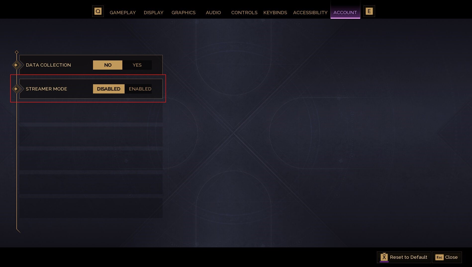 Account settings menu with streamer mode toggle in Dune: Awakening