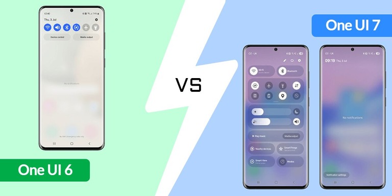 Samsung One UI 6 vs 7 notification and quick settings combined.