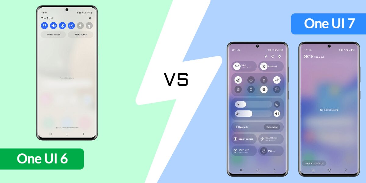Samsung One UI 6 vs 7 notification and quick settings combined.